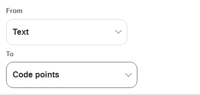FluffyBench Unicode Inspector: From Text, To Code points.