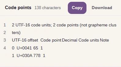 Code points result with separate U+0041 and U+030A rows.