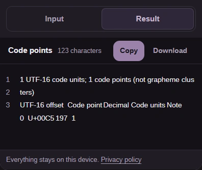 Code points result for precomposed Å, showing U+00C5.