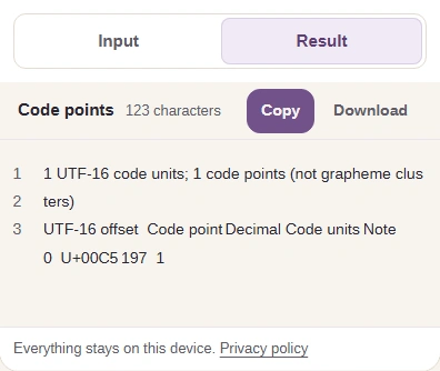 Code points result for precomposed Å, showing U+00C5.