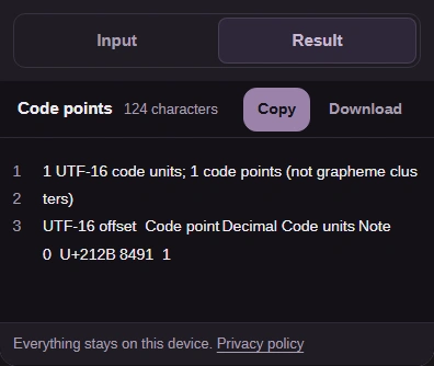Code points result for Angstrom sign Å, showing U+212B.