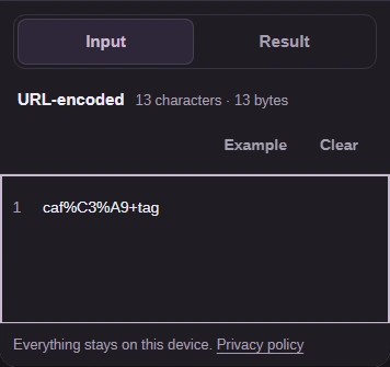 Phone Input view with caf%C3%A9+tag and the Input and Result tabs.