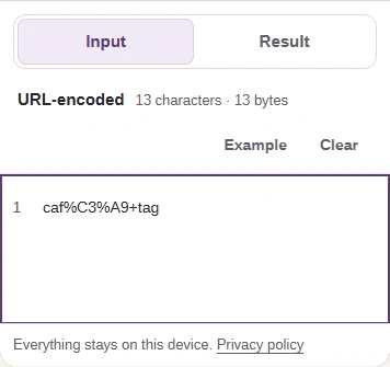Phone Input view with caf%C3%A9+tag and the Input and Result tabs.