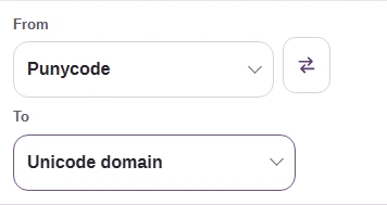 FluffyBench From and To controls set to Punycode and Unicode domain.