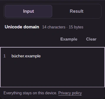 Phone Input view with bücher.example and the Input and Result tabs.