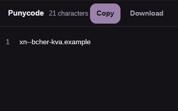FluffyBench result xn--bcher-kva.example under the Punycode label.