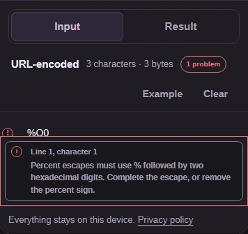 FluffyBench Input with %Q0 marked as an error and a Problems panel explaining that a percent sign needs two hexadecimal digits.