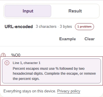 FluffyBench Input with %Q0 marked as an error and a Problems panel explaining that a percent sign needs two hexadecimal digits.