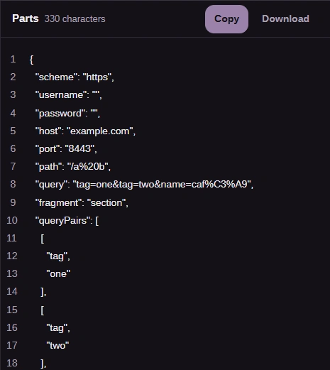 FluffyBench Parts report listing scheme, username, password, host, port, path, query, fragment and queryPairs.