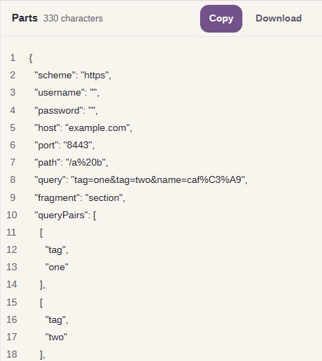 FluffyBench Parts report listing scheme, username, password, host, port, path, query, fragment and queryPairs.