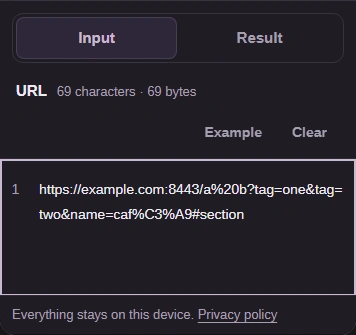 Phone Input view with the address https://example.com:8443/a%20b?tag=one&tag=two&name=caf%C3%A9#section and the Input and Result tabs.