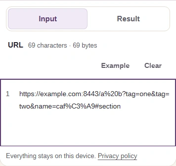 Phone Input view with the address https://example.com:8443/a%20b?tag=one&tag=two&name=caf%C3%A9#section and the Input and Result tabs.