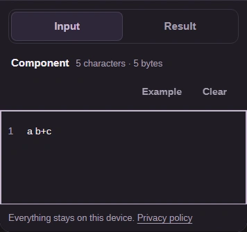 Phone Input view with a b+c and the Input and Result tabs.