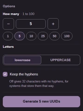 FluffyBench's UUID generator options: How many 5, Letters lowercase, and Keep the hyphens checked.