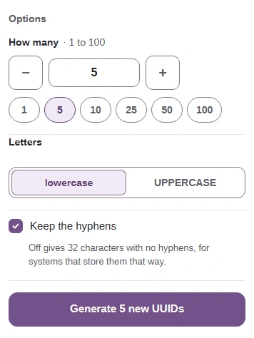 FluffyBench's UUID generator options: How many 5, Letters lowercase, and Keep the hyphens checked.
