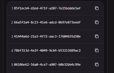 Five UUIDs generated by FluffyBench, shown as five numbered rows.