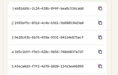 Five UUIDs generated by FluffyBench, shown as five numbered rows.