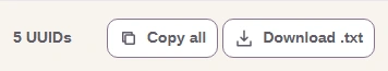 FluffyBench's 5 UUIDs result heading, Copy all and Download .txt controls.