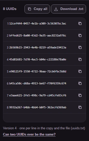 The 8 UUIDs panel with eight UUIDs, one per row, each with its own copy button, plus Copy all and Download .txt buttons.