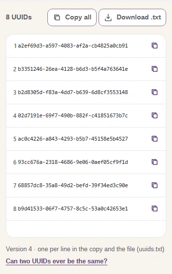 The 8 UUIDs panel with eight UUIDs, one per row, each with its own copy button, plus Copy all and Download .txt buttons.