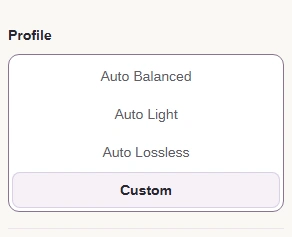 Choose Profile → Custom to reveal the format choice.