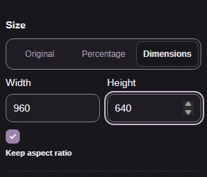 Use Original when you need all the pixels. For a smaller whole-frame copy, choose Dimensions; these example bounds are 960 × 640.