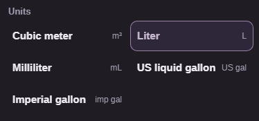 The From list offers Cubic meter, Liter, Milliliter, US liquid gallon and Imperial gallon.