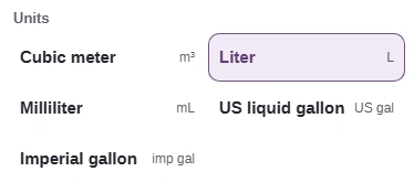 The From list offers Cubic meter, Liter, Milliliter, US liquid gallon and Imperial gallon.