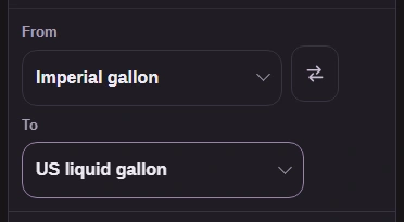From shows Imperial gallon and To shows US liquid gallon, with the swap arrows between them.