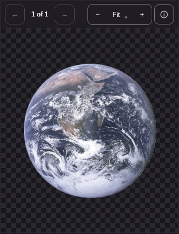 The saved Earth WebP open in Image Viewer on a checkerboard.