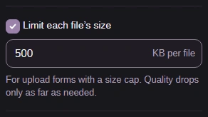Limit each file's size turned on, with 500 in KB per file.