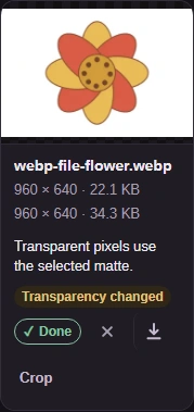 Completed flower JPG with its preview, output size and download arrow.