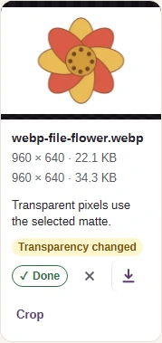 Completed flower JPG with its preview, output size and download arrow.
