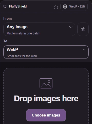 WebP converter intake with Choose images.