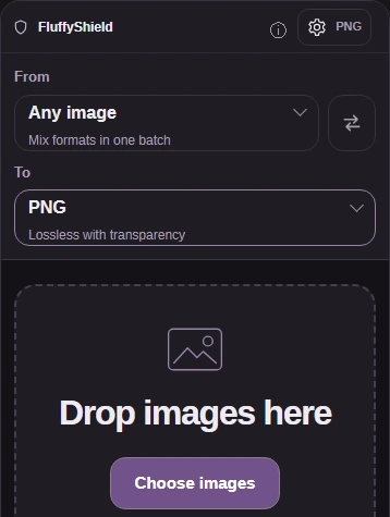 Choose images in FluffyBench’s PNG converter; TO is PNG and the gear opens Settings.