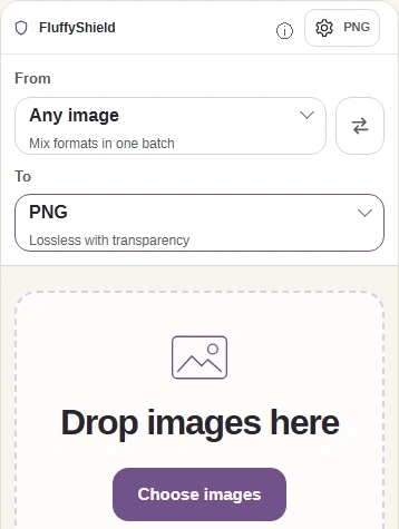 Choose images in FluffyBench’s PNG converter; TO is PNG and the gear opens Settings.